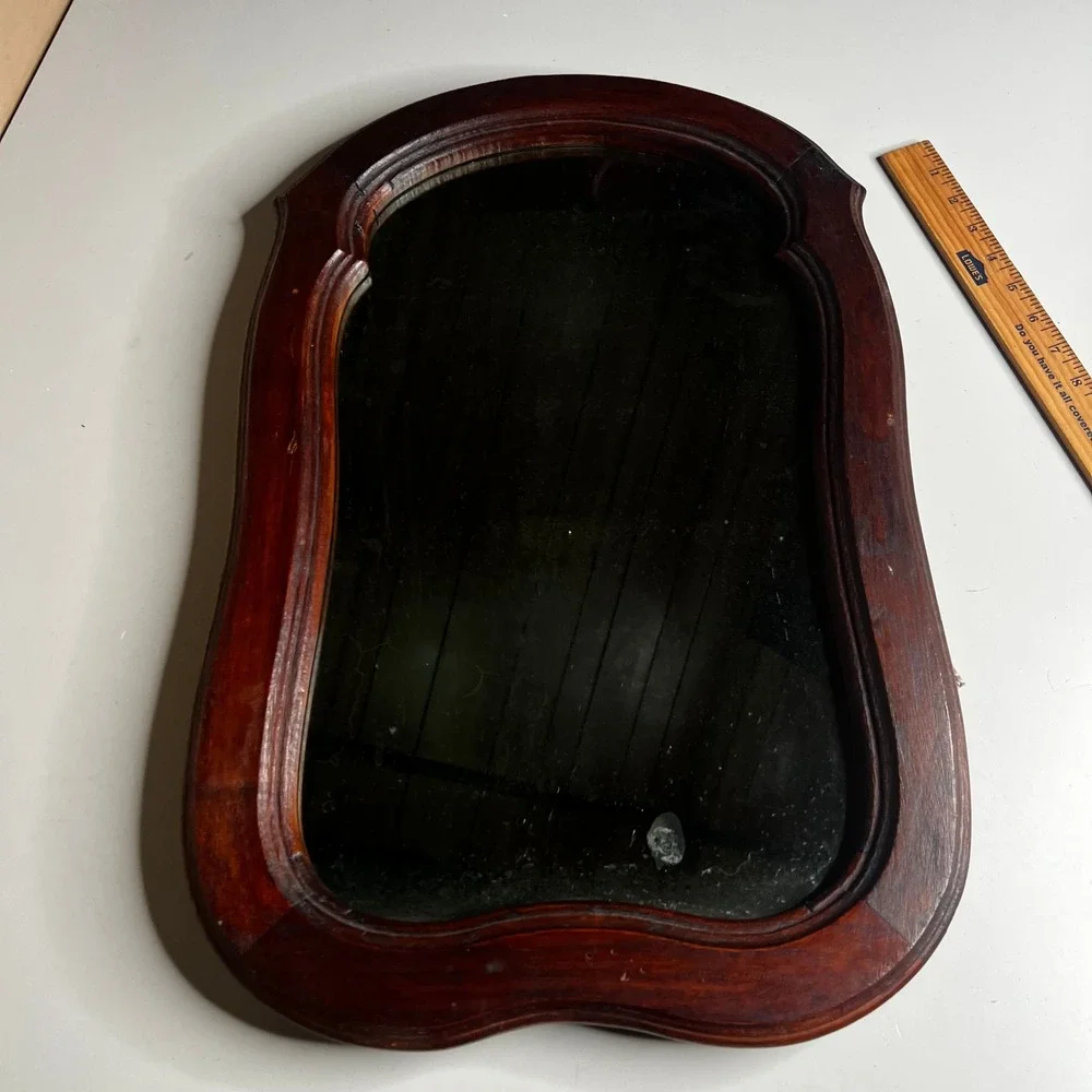 Antique Wood Wall Mirror Scalloped Shield Frame Mahogany Finish Vintage 24x16